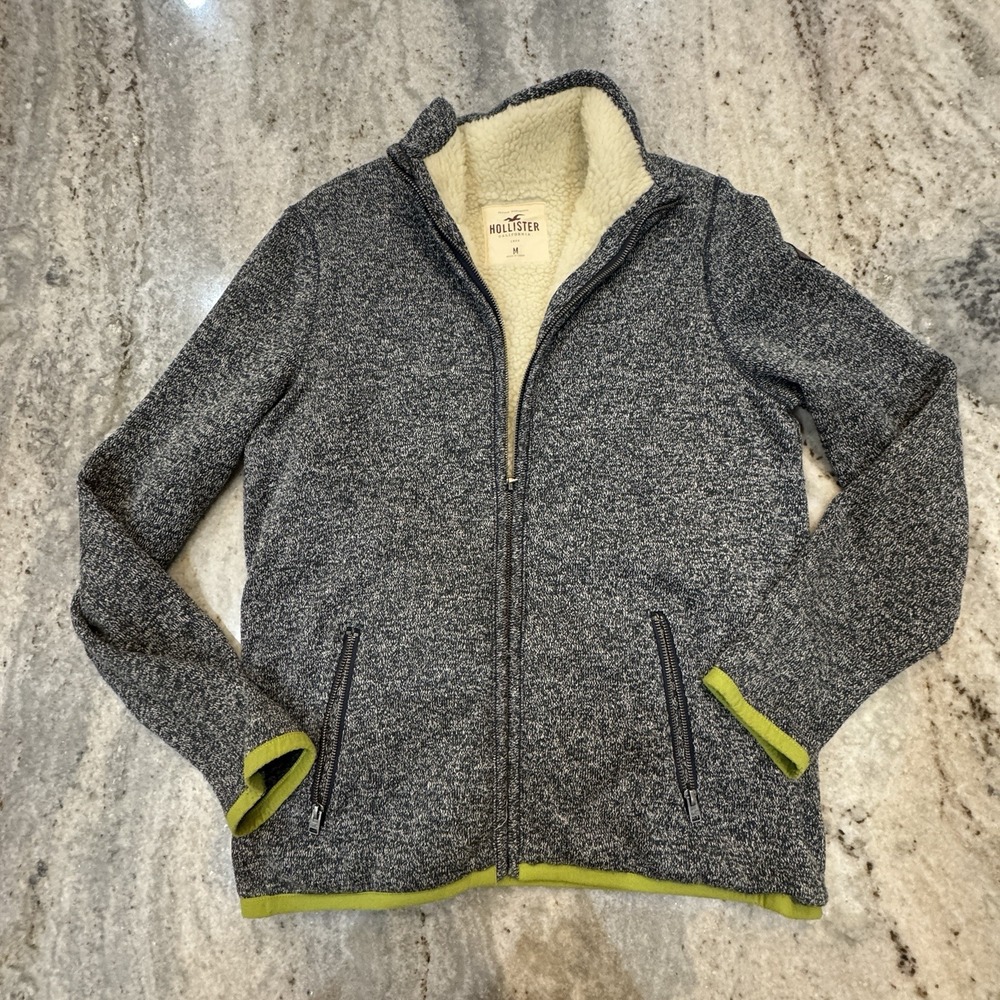 Hollister Y2K Jacket Mens Medium Gray Sherpa Lined Full Zip Heather Knit Fleece